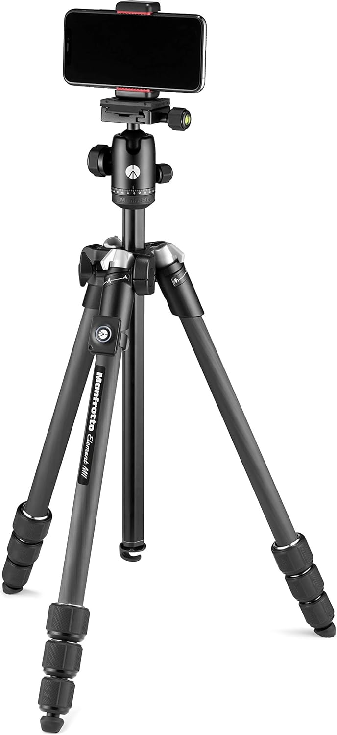 Manfrotto Element MII trípode de viaje - Fibra de carbono con altura máxima de 160 cm - Cabezal esférico para cámara y smartphone - Bluetooth y carga máxima de 8 kg