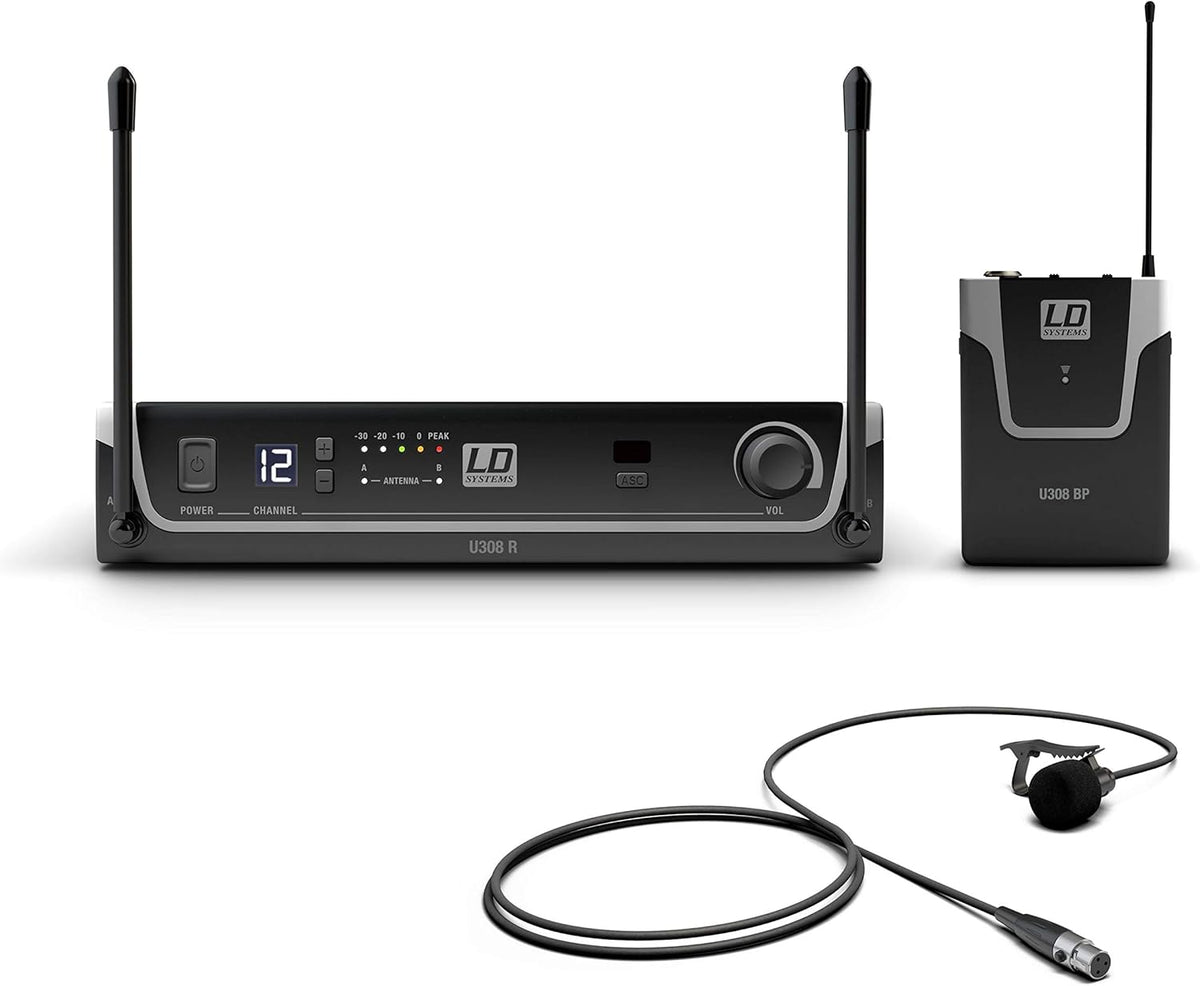 LD Systems U308 BPL - Sistema inalámbrico UHF con petaca y micrófono lavalier - Bandas de 823 a 832 y 863 a 865 MHz - XLR con 2 pilas AA para presentaciones y voz manos libres