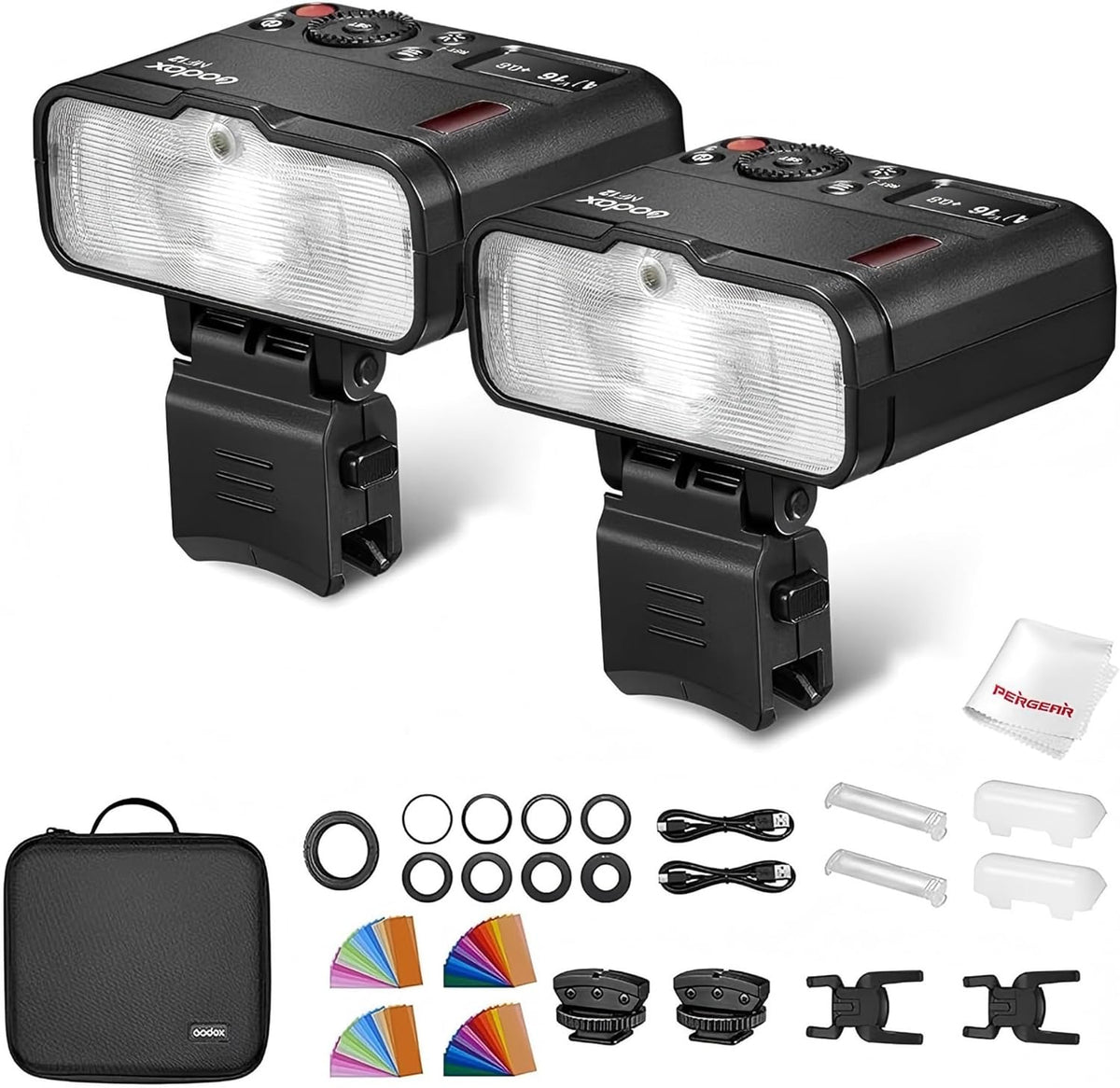 Godox MF12 K2 kit de flash macro - Conjunto de 2 unidades TTL para primeros planos - Hasta 500 destellos y recarga USB C - Control inalámbrico 2,4 GHz con filtros incluidos