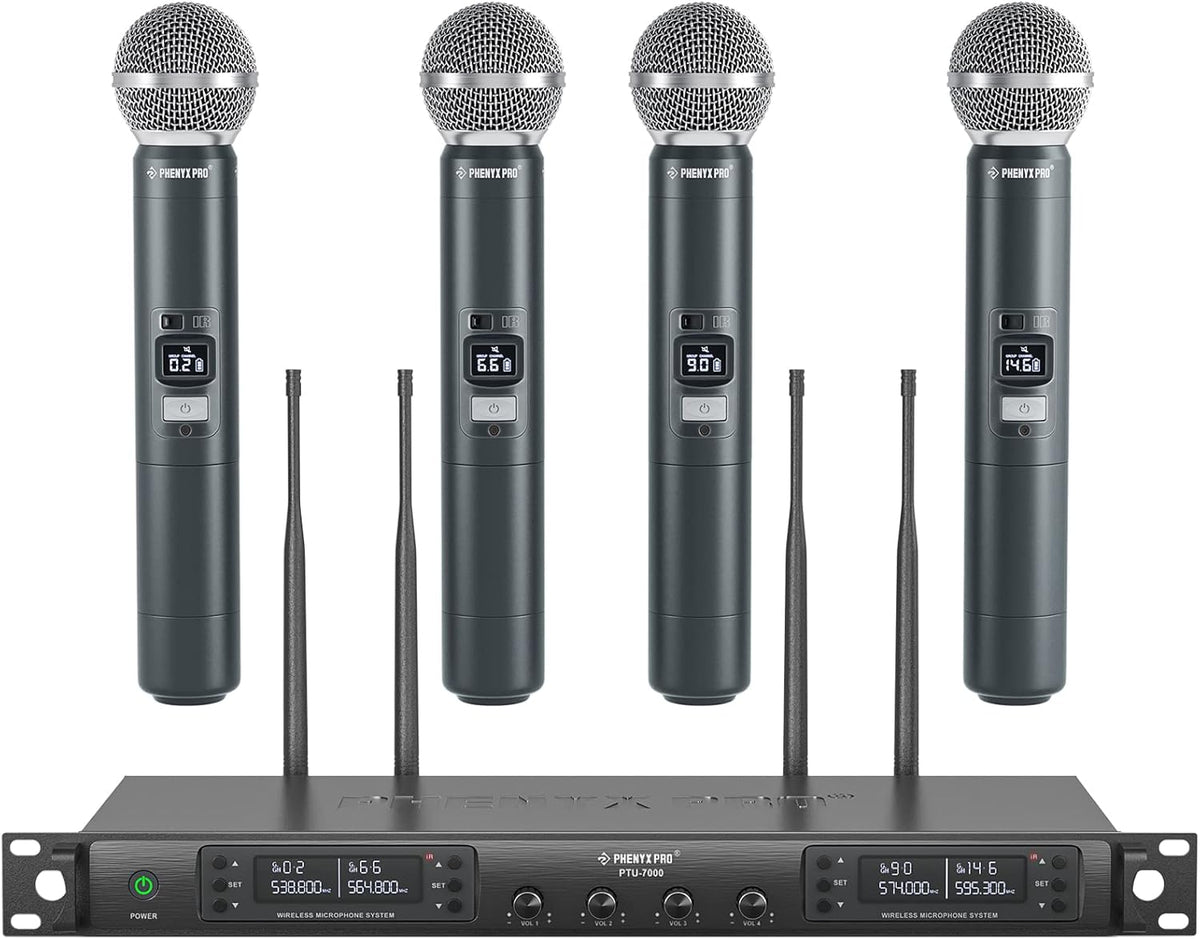 Phenyx Pro PTU 7000 4H sistema de micrófonos - 4 canales UHF con 4 x 40 frecuencias - 4 micrófonos dinámicos de mano y alcance de 328 pies - Escaneo automático para eventos y karaoke