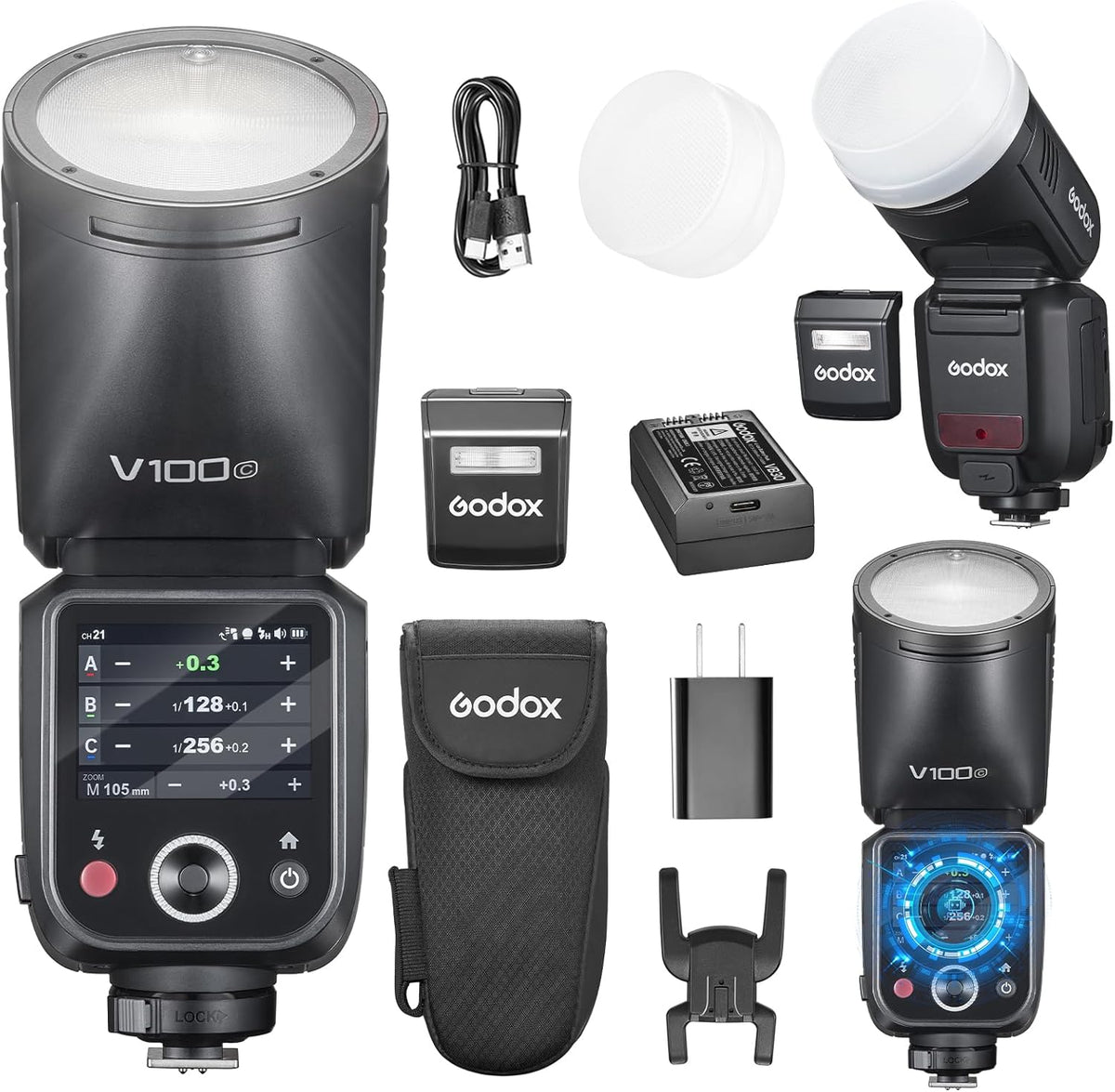 Godox V100C flash para Canon - Cabeza redonda de 100 W con pantalla táctil - Sincronización global hasta 1 a 80000 s - Sistema inalámbrico 2,4 GHz y batería de litio