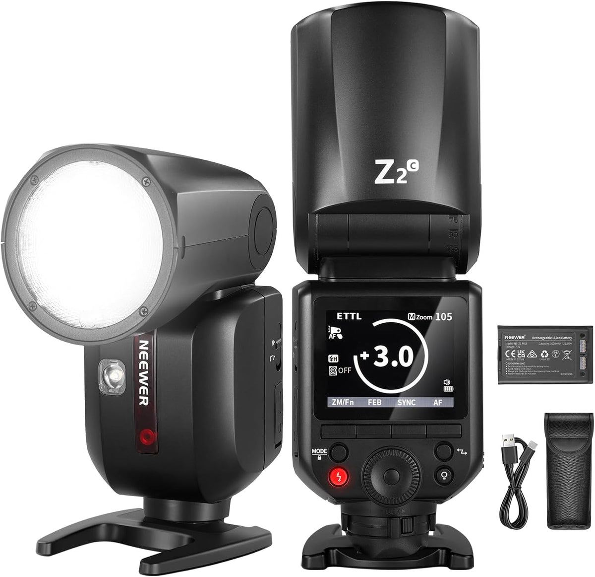 NEEWER Z2 C - Flash TTL de cabeza redonda 76 Ws para Canon - HSS 1 a 8000 s con interfaz mejorada y TCM - Batería 3000 mAh sistema RF y dos luces de modelado