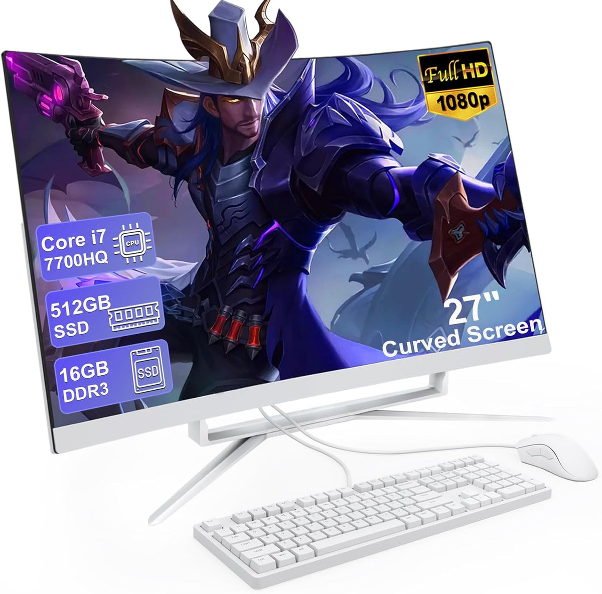PC todo en uno de 27 pulgadas - Pantalla FHD curva con Intel Core i7 7700HQ - 16 GB DDR3 y SSD de 512 GB - WiFi doble banda Bluetooth teclado y ratón cableados