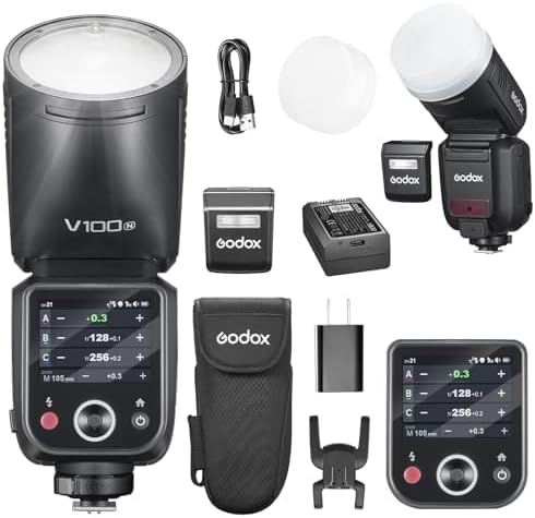 Godox V100N - Flash TTL de 100 W con cabezal redondo para Nikon - Pantalla táctil y sincronización global hasta 1 a 80000 s - Sistema inalámbrico 2,4 GHz y batería de litio