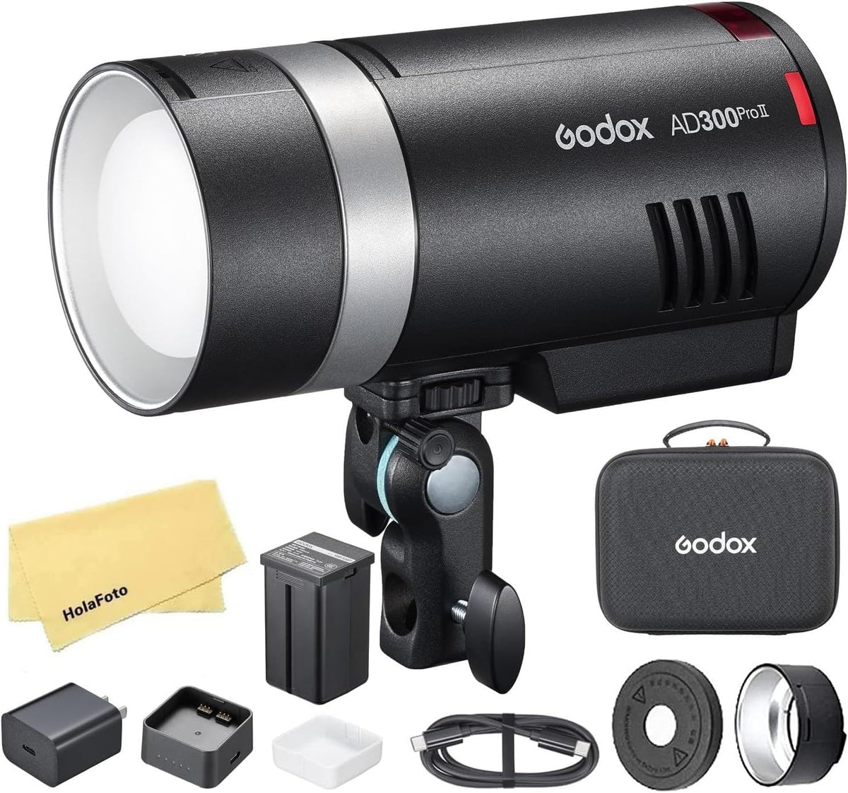 Godox AD300Pro II flash exterior - Potencia de 300 W y HSS 1 a 8000 s - Batería de 14,4 V y 2600 mAh con peso de 1,2 kg - TTL inalámbrico 2,4 GHz y 16 grupos de color