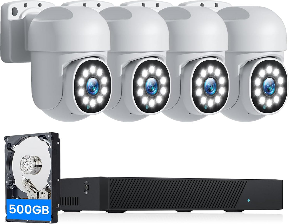 CAMCAMP SC36 - Kit de 4 cámaras domo PoE de 5 MP con NVR de 8 canales - Disco duro de 500 GB para grabación continua - Seguimiento automático visión nocturna 30 m sirena e IP65