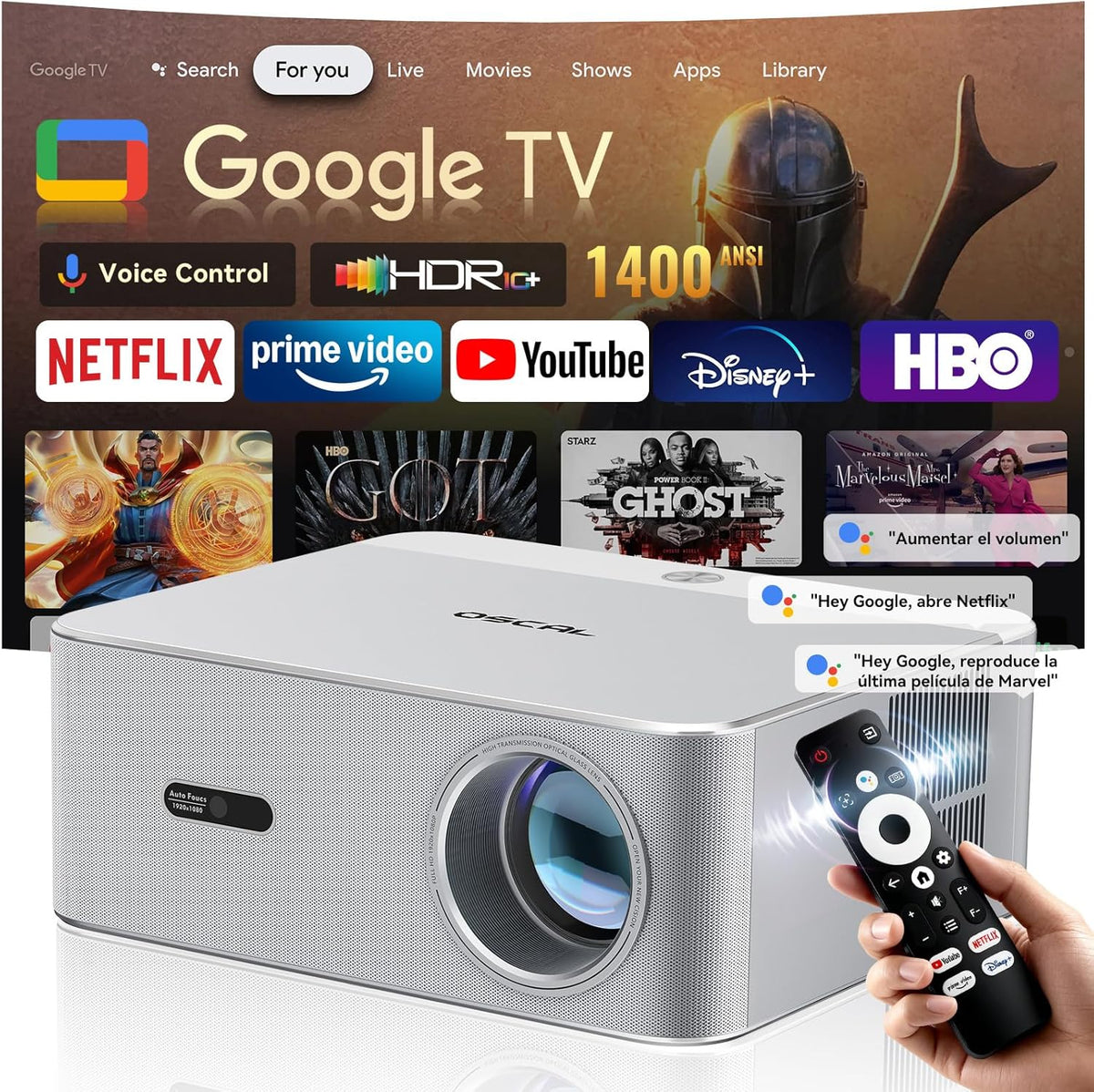 OSCAL PV800Pro proyector inteligente - Full HD 1080p y 1400 ANSI compatible con 4K - Google TV Netflix oficial y asistente de voz - WiFi 6 autoenfoque y corrección trapezoidal