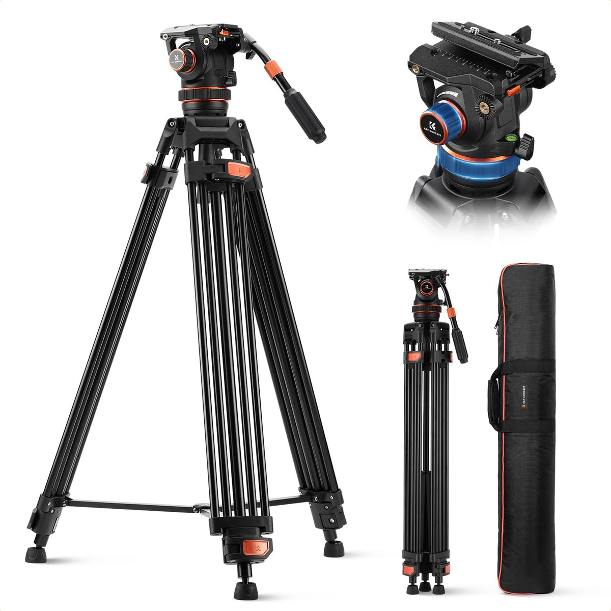 K y F Concept VA3 BV60 trípode de vídeo - Aluminio con altura máxima de 191 cm - Cabezal fluido de 360 grados - Carga máxima de 10 kg para Canon Nikon Sony y otras cámaras