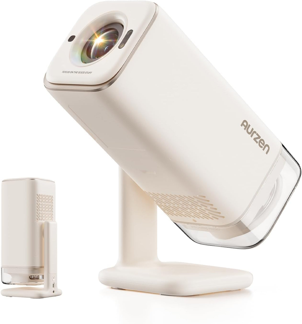 Aurzen Boom Air proyector portátil - Full HD 1080p compatible con 4K - Google TV Dolby Audio y autoenfoque TOF - Bluetooth WiFi USB C y soporte giratorio blanco crema