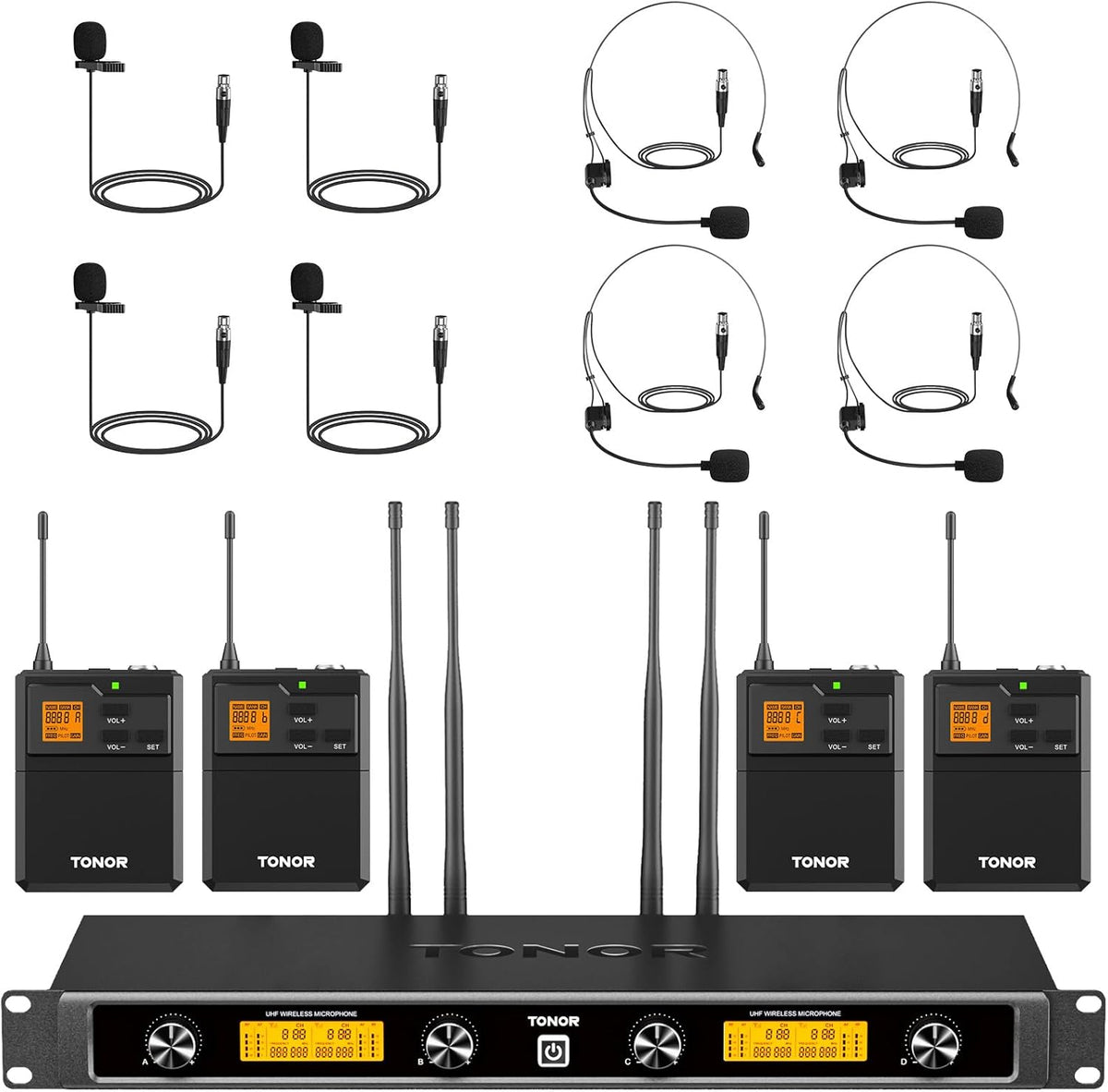 TONOR TW844 - Sistema inalámbrico UHF dual con diadema y micrófonos de solapa - Petacas recargables con 4 grupos de 5 canales - Alcance de 90 m para clases iglesias fiestas y grabación