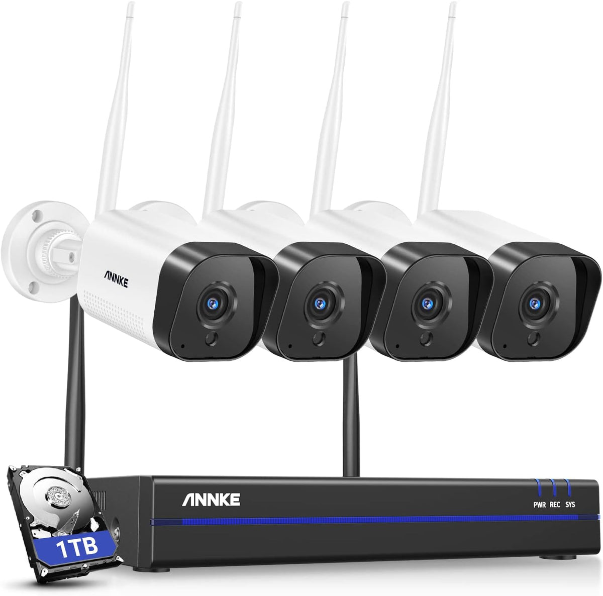 ANNKE - Kit WiFi de 4 cámaras 3 MP con NVR y disco duro de 1 TB - Grabación Full HD para videovigilancia - Sistema inalámbrico compatible con Linux Windows iOS y Android