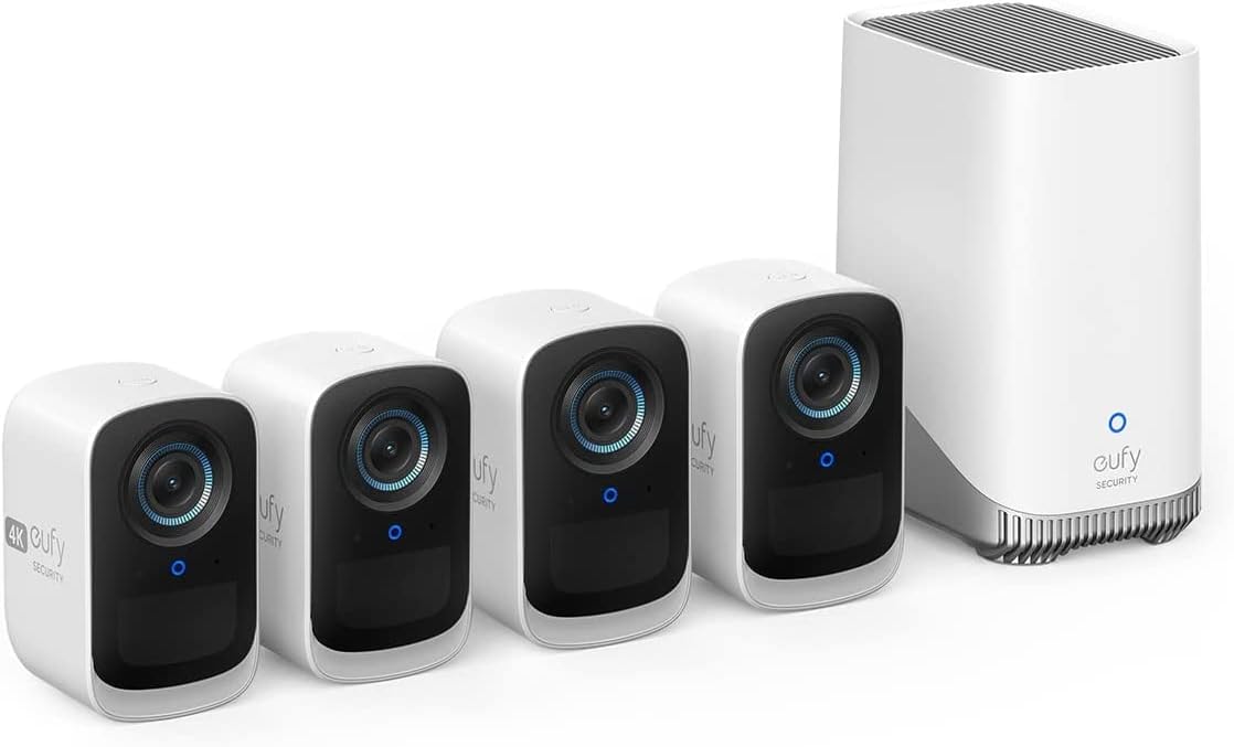 eufy Security S300 eufyCam 3C - Kit de 4 cámaras WiFi exteriores 4K con batería - Visión nocturna luz integrada y audio bidireccional - Reconocimiento facial y control compatible con Alexa