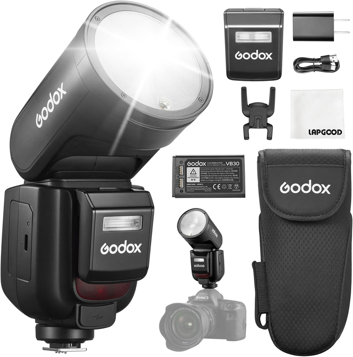 Godox V1Pro S - Flash TTL de cabezal redondo 78 Ws para Sony - HSS 1 a 8000 s y sistema inalámbrico 2,4 GHz - Batería VB30 luz LED y flash externo SU 1 incluido