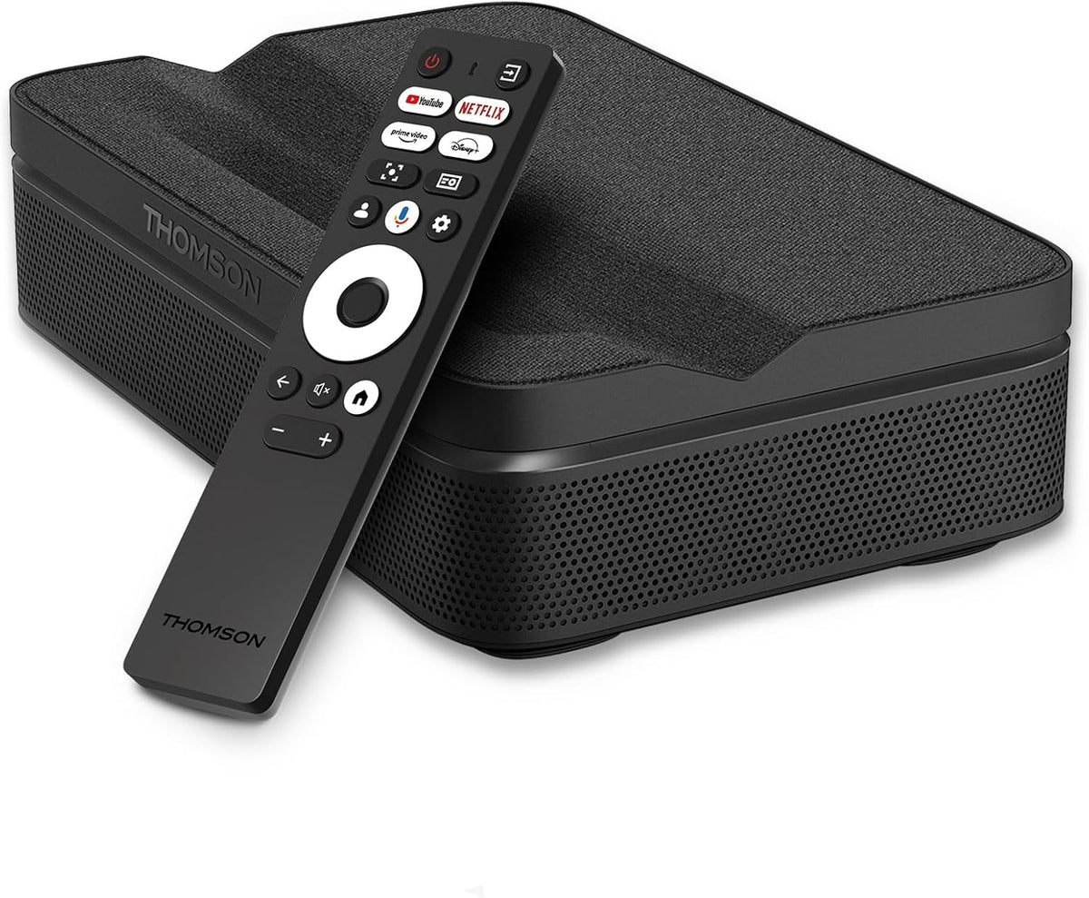 Thomson Sirius PG55B - Proyector láser portátil Full HD 1080P de 600 lúmenes ANSI - Google TV HDR10 Plus y Dolby Audio - Batería integrada ultra tiro corto WiFi Bluetooth y autoenfoque