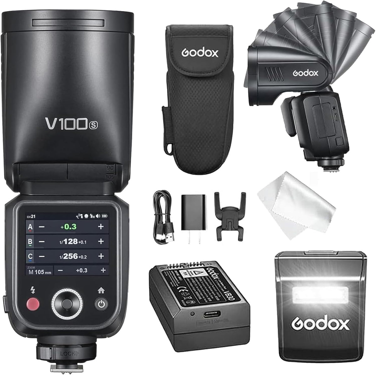 Godox V100S flash TTL para Sony - Potencia de 100 W y pantalla táctil - HSS 1 a 8000 s para cámaras Sony Alpha - Sistema inalámbrico 2,4 GHz y montaje en zapata