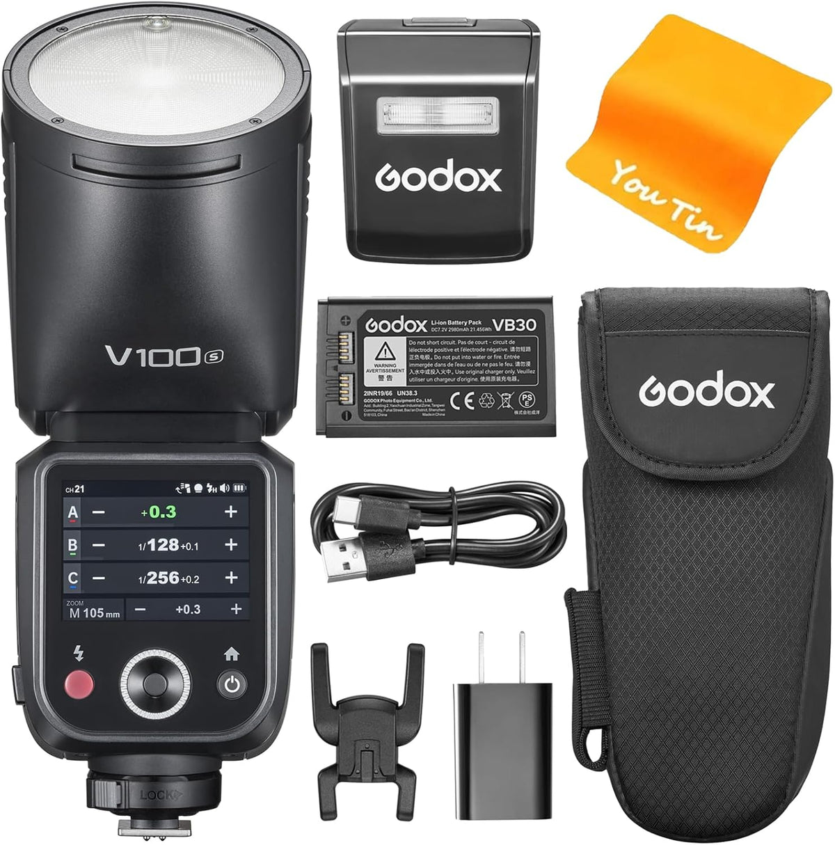 Godox V100S - Flash TTL de 100 Ws para cámaras Sony - Cabezal redondo con pantalla OLED y HSS 1 a 8000 s - Sistema inalámbrico 2,4 GHz batería 2980 mAh y accesorio SU 1