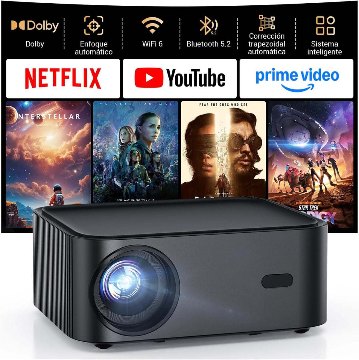 HAPPRUN H11 - Mini proyector Full HD 1080P de 1000 ANSI compatible con 4K - Netflix Dolby Audio WiFi 6 Bluetooth 5.2 - Autoenfoque y altavoz integrado para cine y gaming