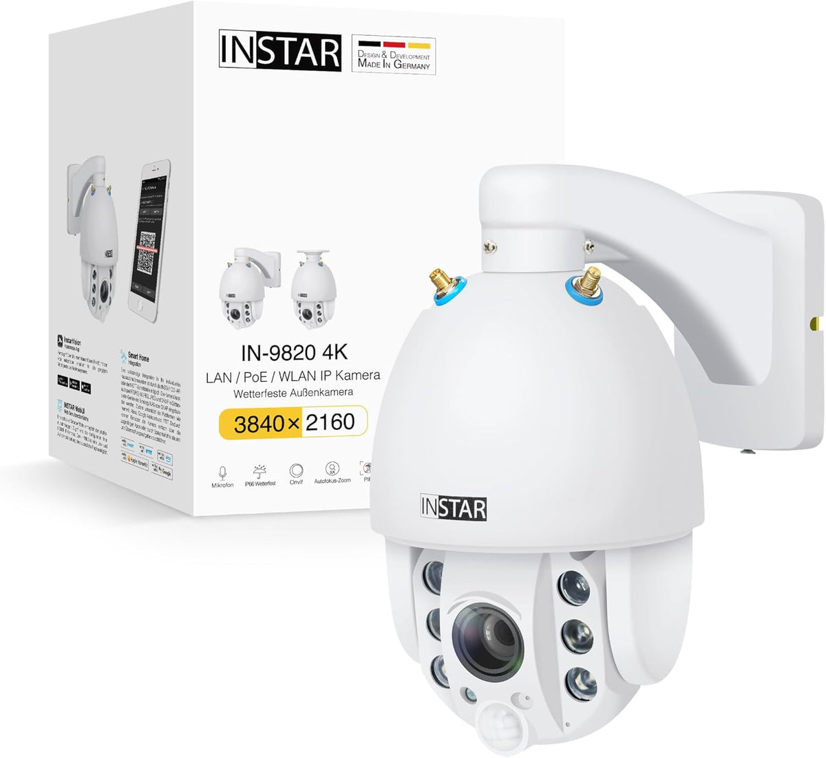 INSTAR IN 9820 4K cámara de vigilancia - PTZ con zoom óptico 5x y visión nocturna - WiFi LAN PoE HomeKit y ONVIF - Detección de personas PIR y audio bidireccional