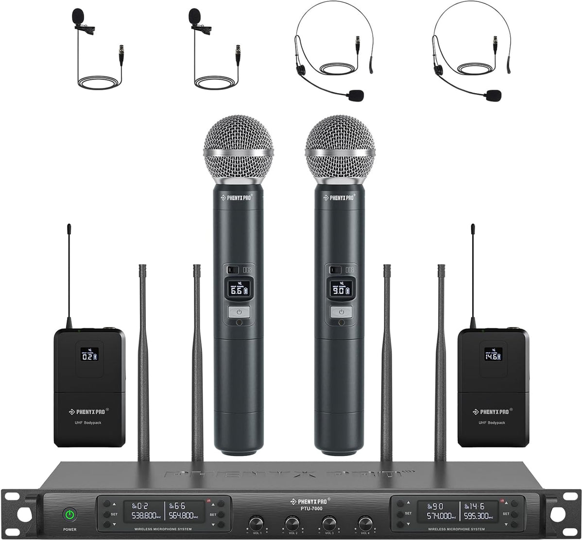 Phenyx Pro PTU 7000 2H2B sistema de micrófonos - 4 canales inalámbricos UHF con 4 x 40 frecuencias - Escaneo automático y alcance de 328 pies - Mano bodypack diadema y solapa