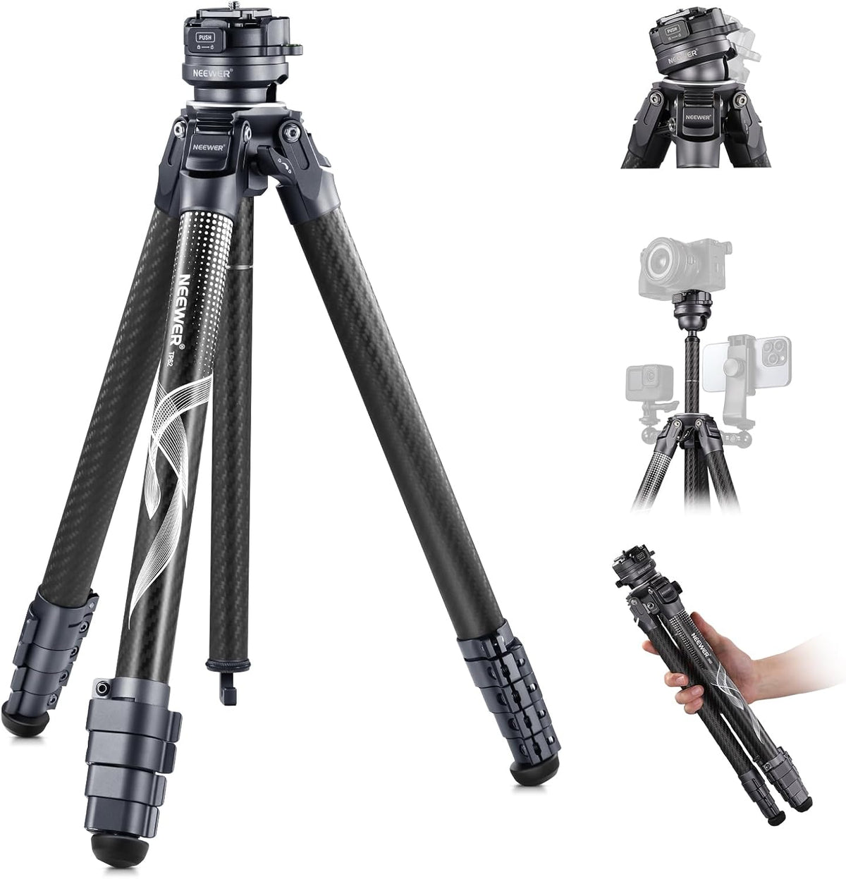 NEEWER LITETRIP LT32 - Trípode de fibra de carbono de 62 pulgadas - Nivelación de más menos 15 grados y panorámica de 360 grados - Altura 157 cm placa Arca y eje central desmontable