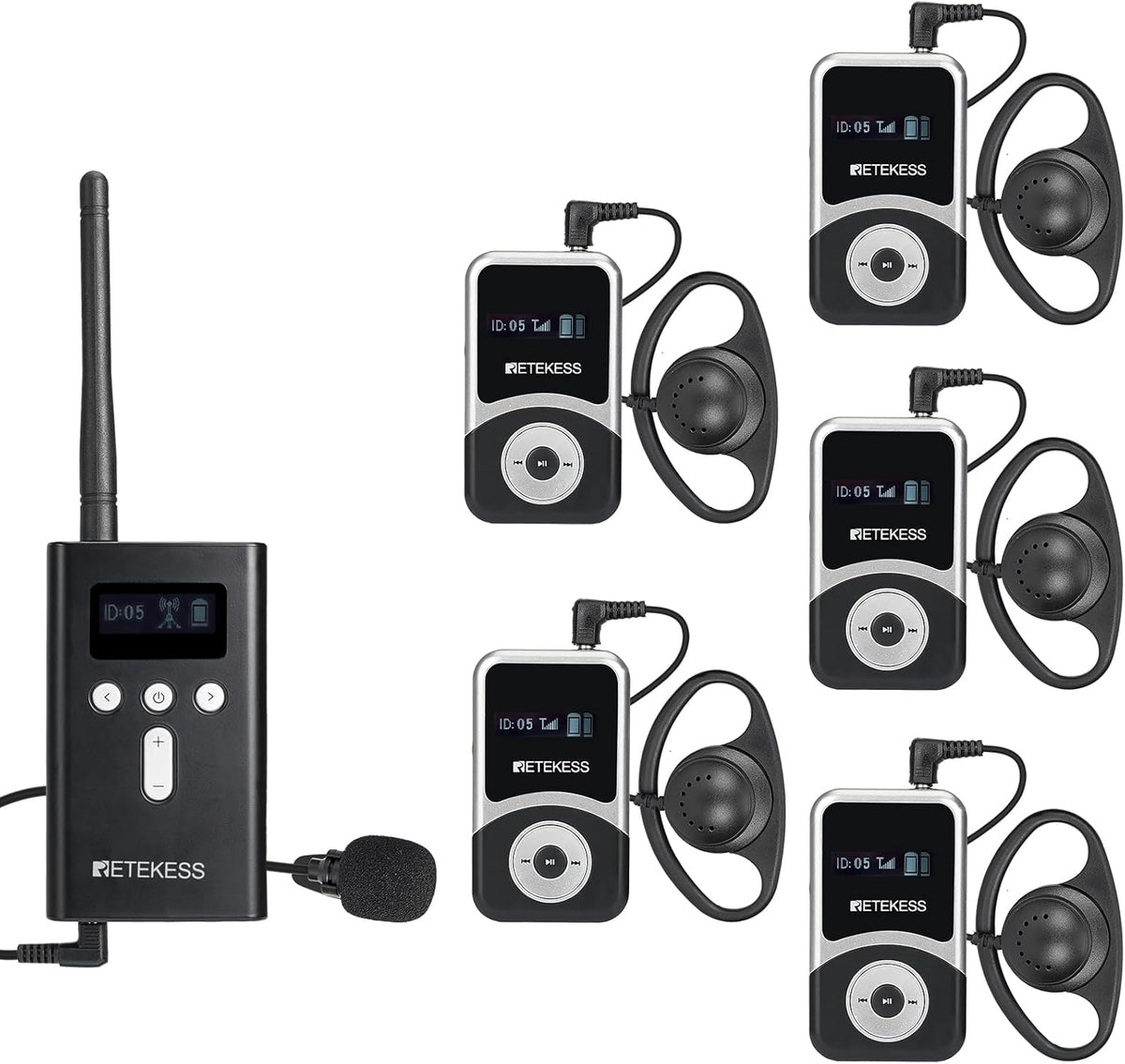 Retekess T130S sistema inalámbrico de audioguía - 1 transmisor y 5 receptores con alcance de 100 m - Auriculares supraaurales y jack de 3,5 mm - Para turismo iglesias y fábricas