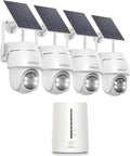 COOAU C7 - Kit de 4 cámaras WiFi exteriores 4 MP 2,5K QHD con base - Panel solar batería y almacenamiento local de 64 GB - Giro 360 grados PIR visión nocturna y Alexa