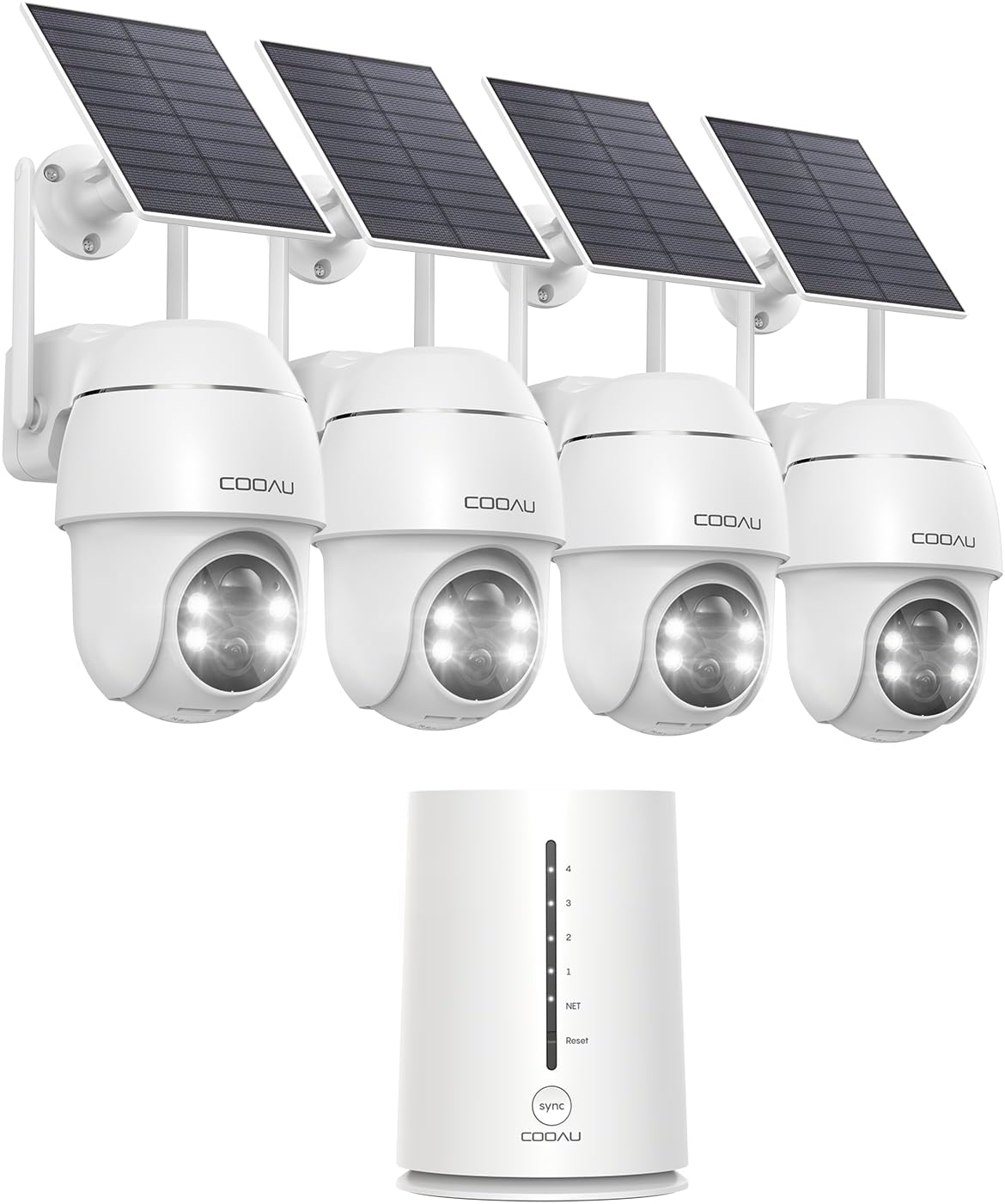 COOAU C7 - Kit de 4 cámaras WiFi exteriores 4 MP 2,5K QHD con base - Panel solar batería y almacenamiento local de 64 GB - Giro 360 grados PIR visión nocturna y Alexa