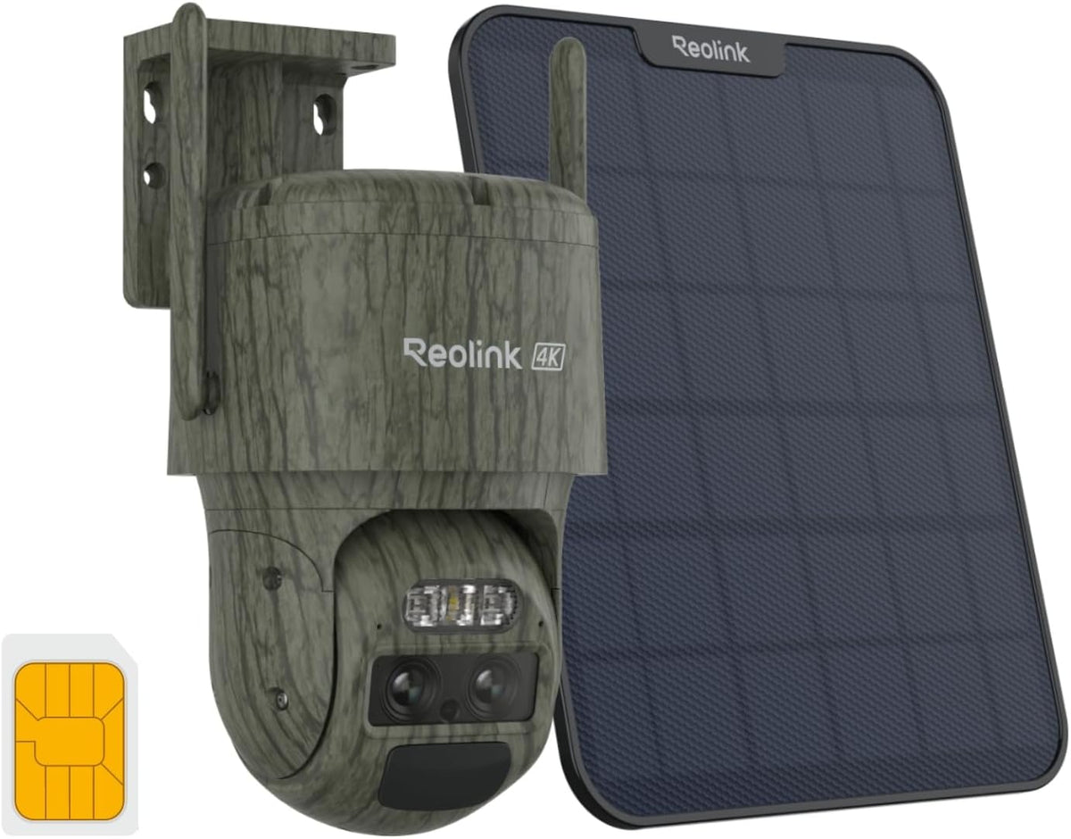 Reolink TrackMix LTE Trail cámara 4K - Doble lente con zoom híbrido 6x y seguimiento automático - Visión nocturna IR y protección IP65 - Conexión 4G y panel solar