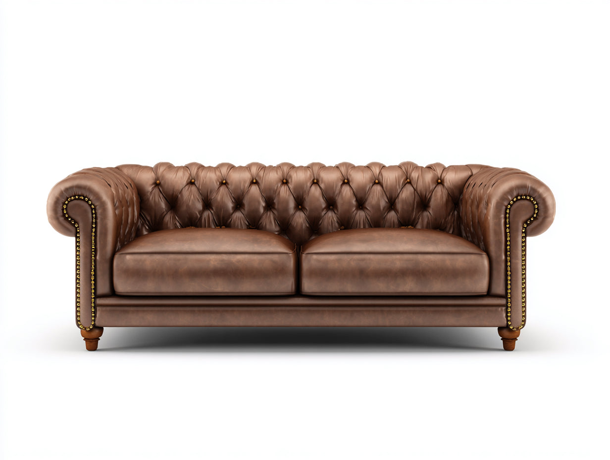 Sofás 2 plazas de cuero 205x90x76 cm - marrón - diseño Chesterfield con remaches para salón