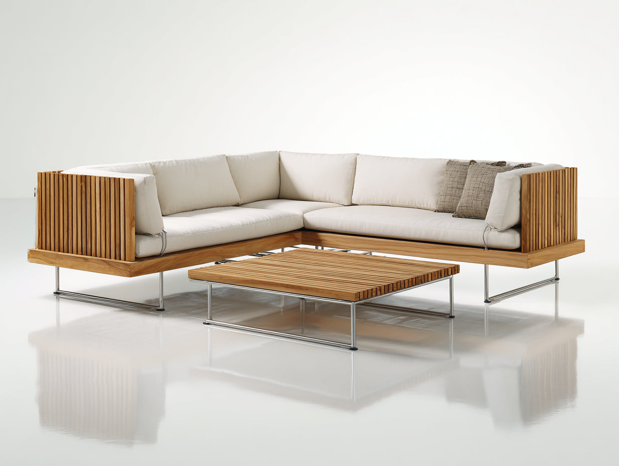 Sofás de exterior de madera 250x250x72 cm natural y crema - diseño cuadrado con mesa central