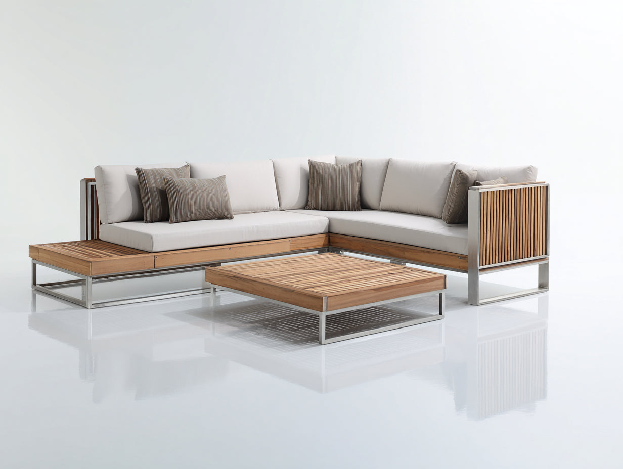 Sofás de exterior de madera y metal 245x210x78 cm - natural-blanco-plata - diseño moderno para terraza