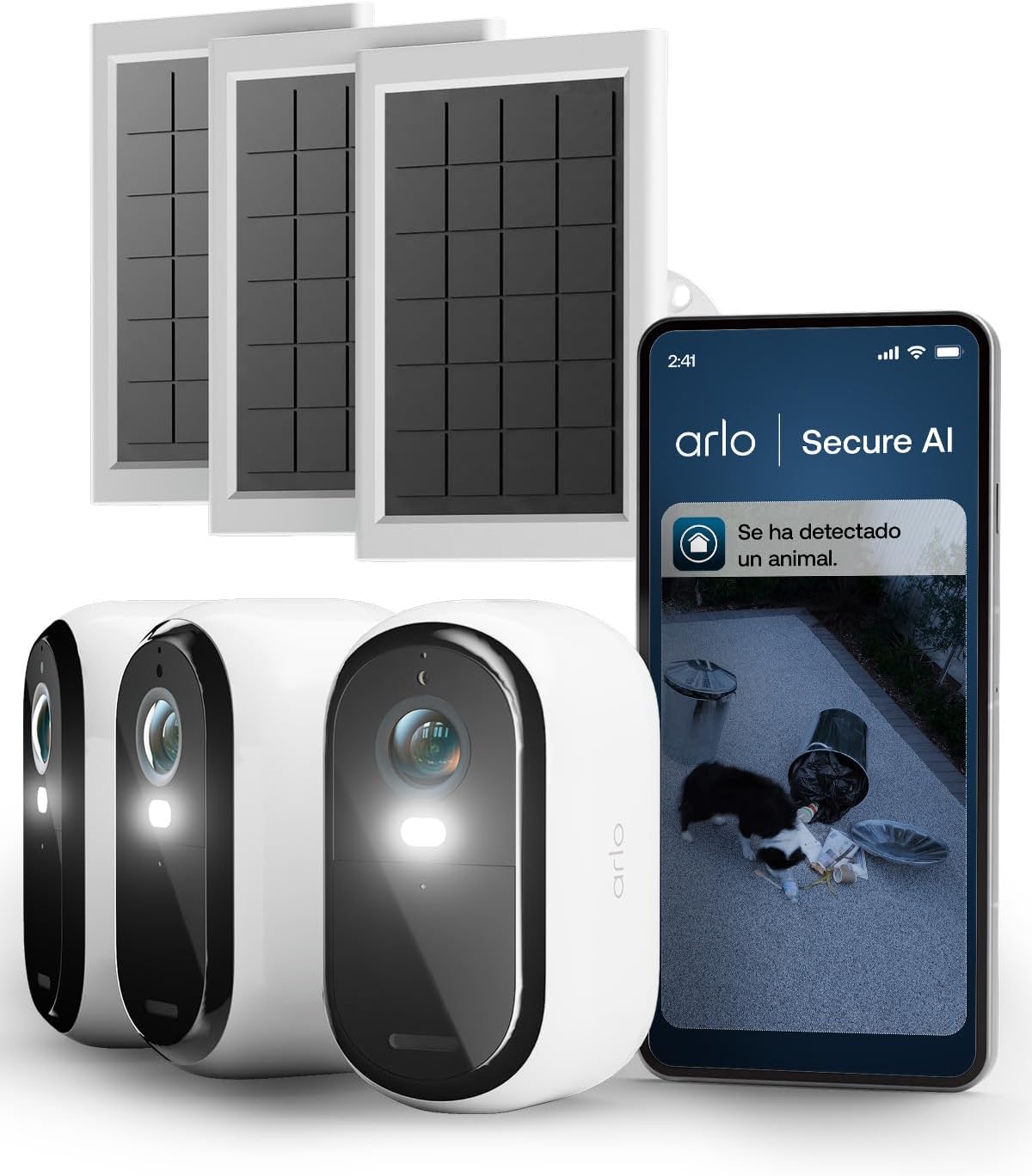 Arlo Essential 3 HD kit de 3 cámaras - Batería de hasta 6 meses con 3 paneles solares - Visión nocturna y audio bidireccional - WiFi para exterior e interior
