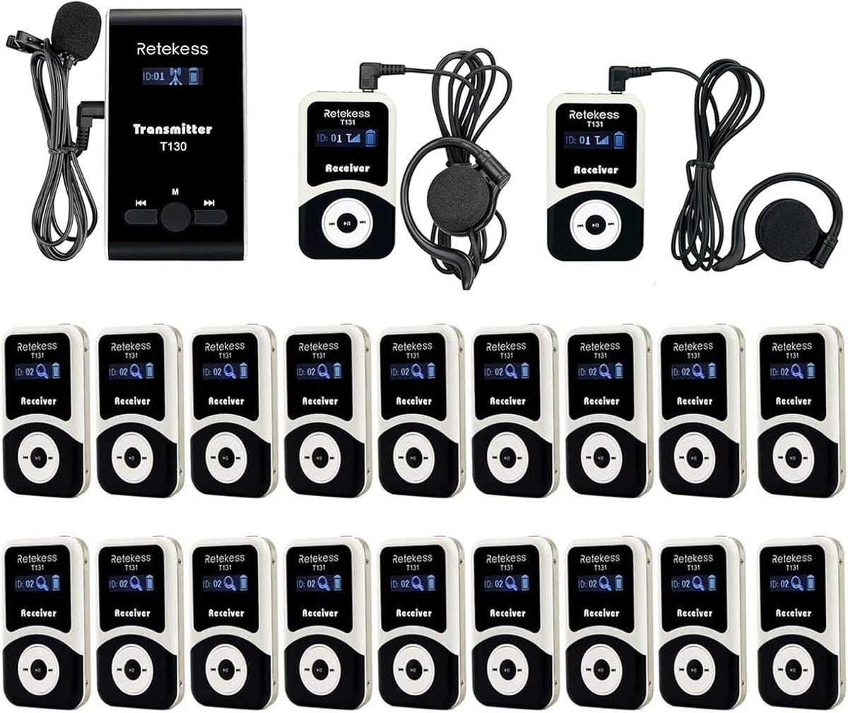 Retekess T130 T131 - Sistema inalámbrico de audioguía de 99 canales - Hasta 12 h en espera con batería y USB - Para turismo fábricas formación reuniones viajes e interpretación