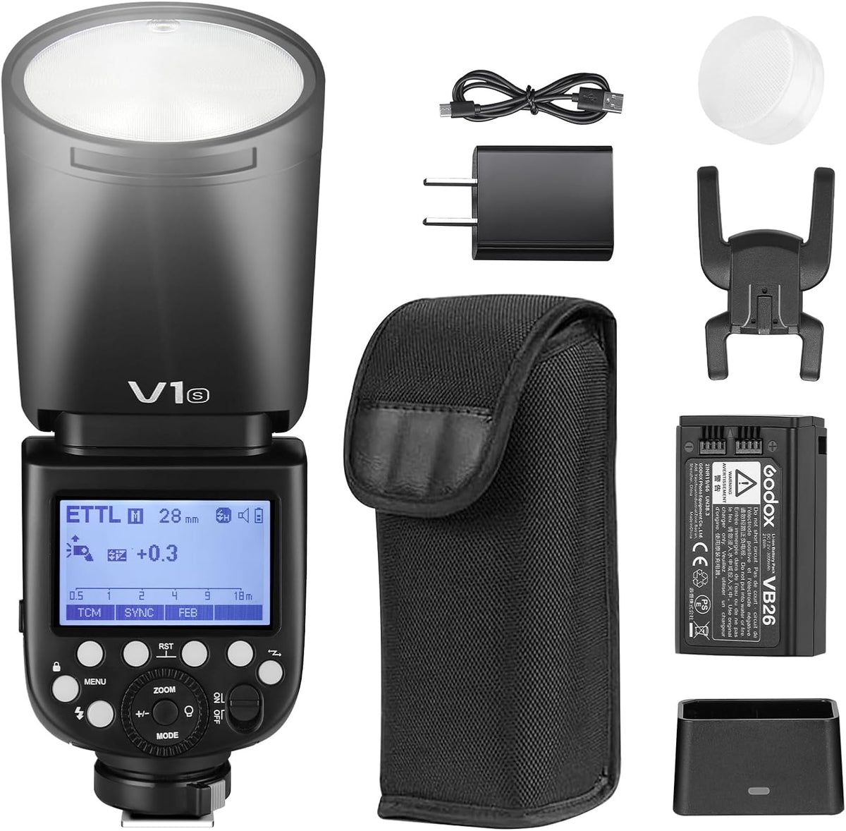 Godox V1S flash Speedlite para Sony - Cabeza redonda de 76 Ws y HSS 1 a 8000 s - Batería Li Ion de 2600 mAh - Sistema inalámbrico 2,4 GHz y zapata caliente