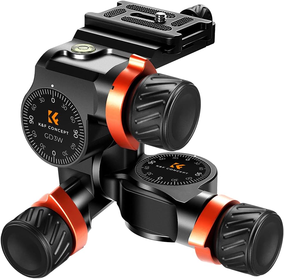 K F Concept GD 3W - Cabezal con engranajes de 3 vías para trípode - Capacidad máxima 6 kg y construcción de aluminio CNC - Para cámara videocámara fotografía vlogging y contenido
