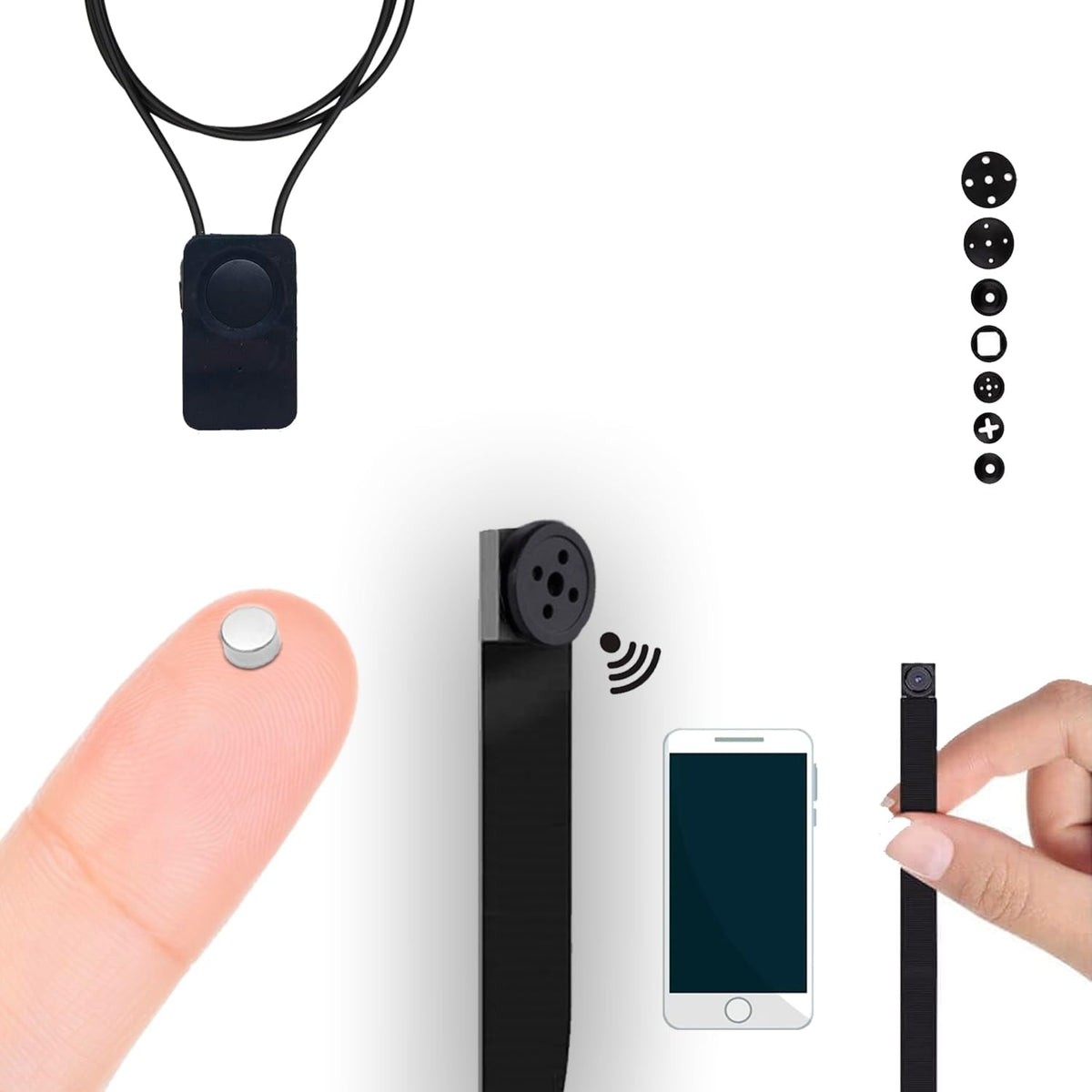 Kit mini cámara de botón WiFi con auricular MicroNano - Vídeo HD 1080p y visión nocturna - Bluetooth y WiFi para Android PC iPhone y tablet - Plástico y silicona en color negro