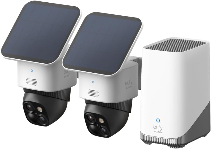 eufy Security SoloCam S340 - Kit de 2 cámaras solares WiFi exteriores 3K con HomeBase 3 - Vigilancia PTZ de 360 grados - WiFi 2,4 GHz montaje mural y acabado negro blanco