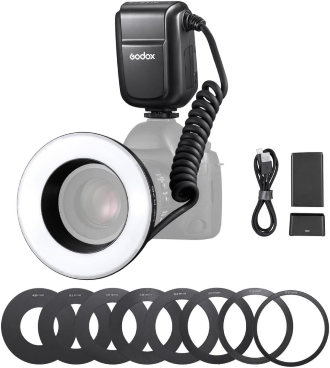 Godox MF R76 flash anular macro universal - Número guía 14 y 10 niveles de brillo - Incluye 8 anillos adaptadores - Sincronización 1 a 20000 s y conexión óptica inalámbrica