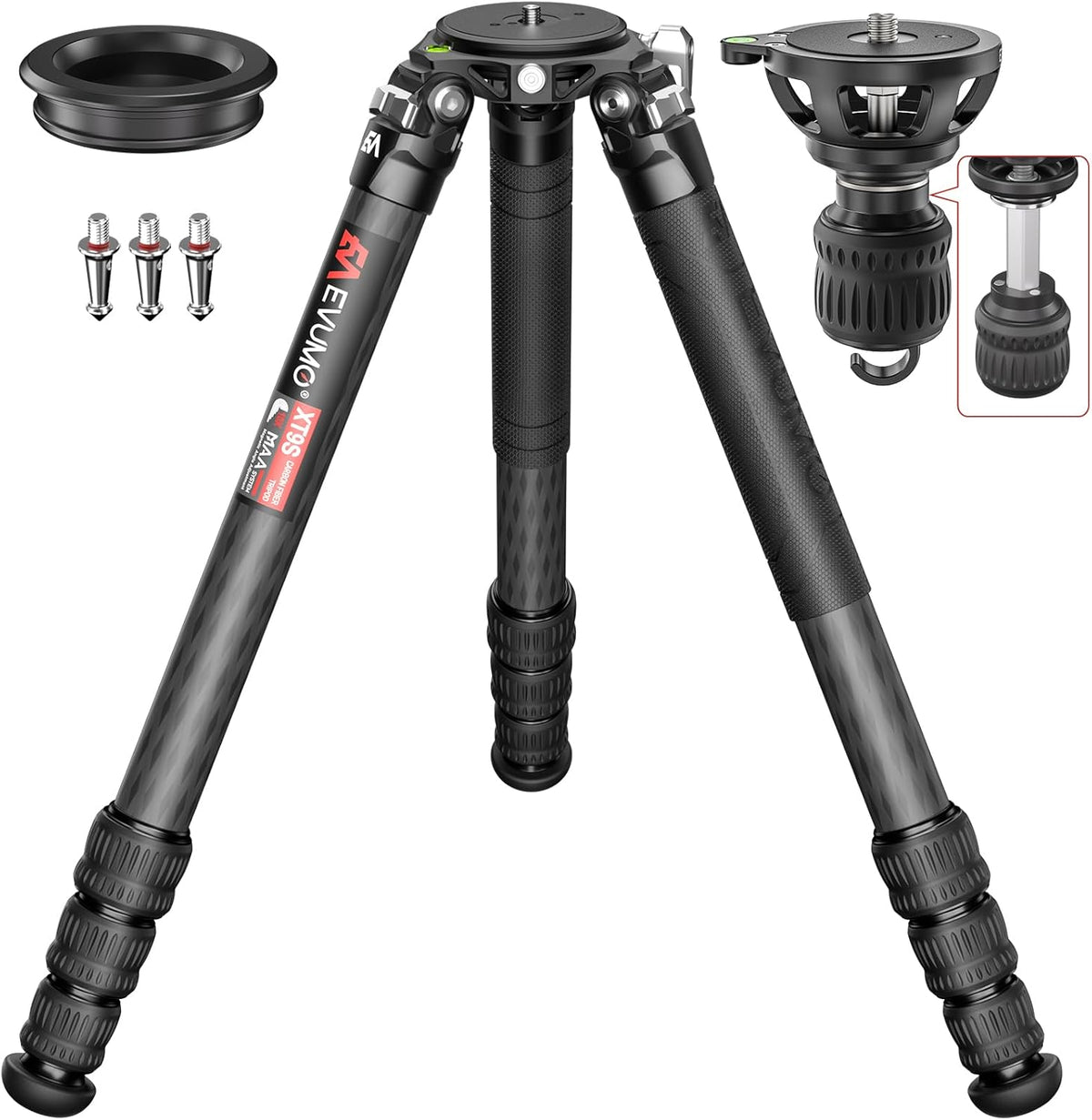 EVUMO XT9S B75M - Trípode de fibra de carbono de 165 cm con estabilizador de 75 mm - Capacidad máxima 40 kg y altura mínima 45 cm - Puntas de acero extraíbles para DSLR y vídeo