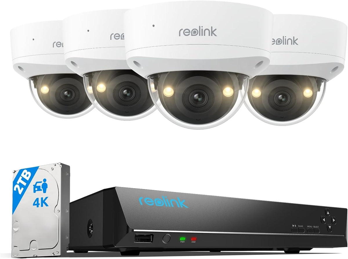Reolink RLK8 800V4 - Kit PoE 4K con NVR de 8 canales y disco de 2 TB - Cámaras IK10 IP67 con visión nocturna en color - Detección de personas vehículos animales y audio bidireccional