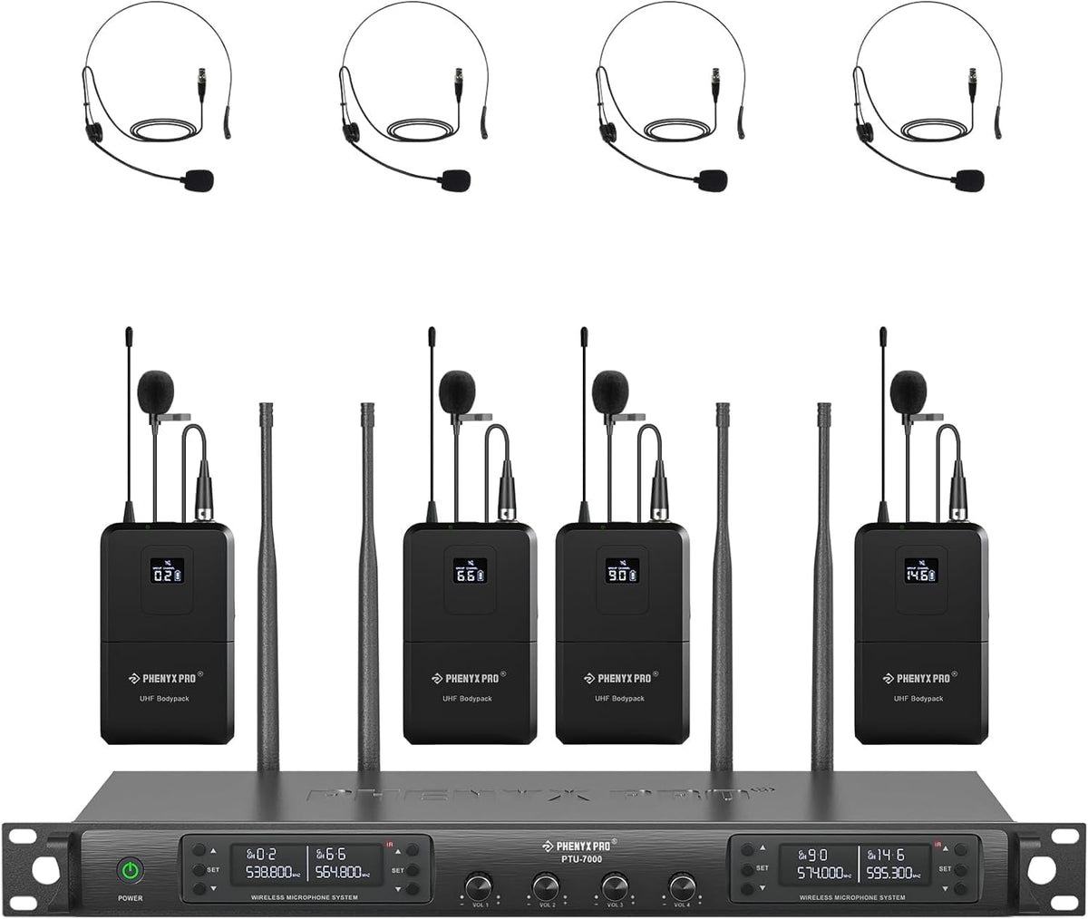 Phenyx Pro PTU 7000 4B sistema de micrófonos - 4 canales UHF con 4 x 40 frecuencias - Bodypacks auriculares y micrófonos de solapa - Alcance de 328 pies y escaneo automático