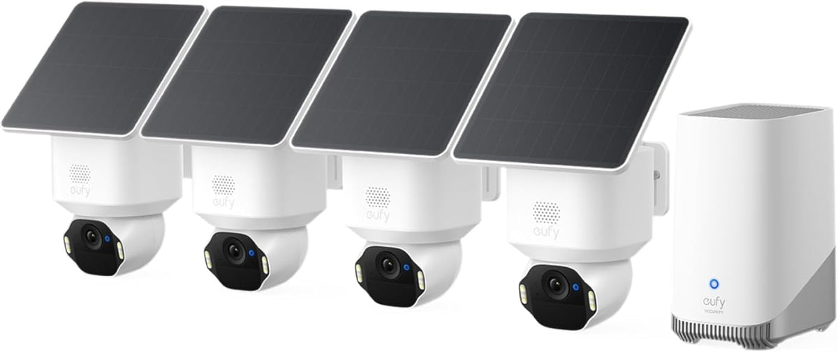 eufy Security E42 - Kit de 4 cámaras solares WiFi exteriores 4K con HomeBase 3 - Giro 360 grados y seguimiento mediante IA - Luz integrada montaje mural y sistema inalámbrico