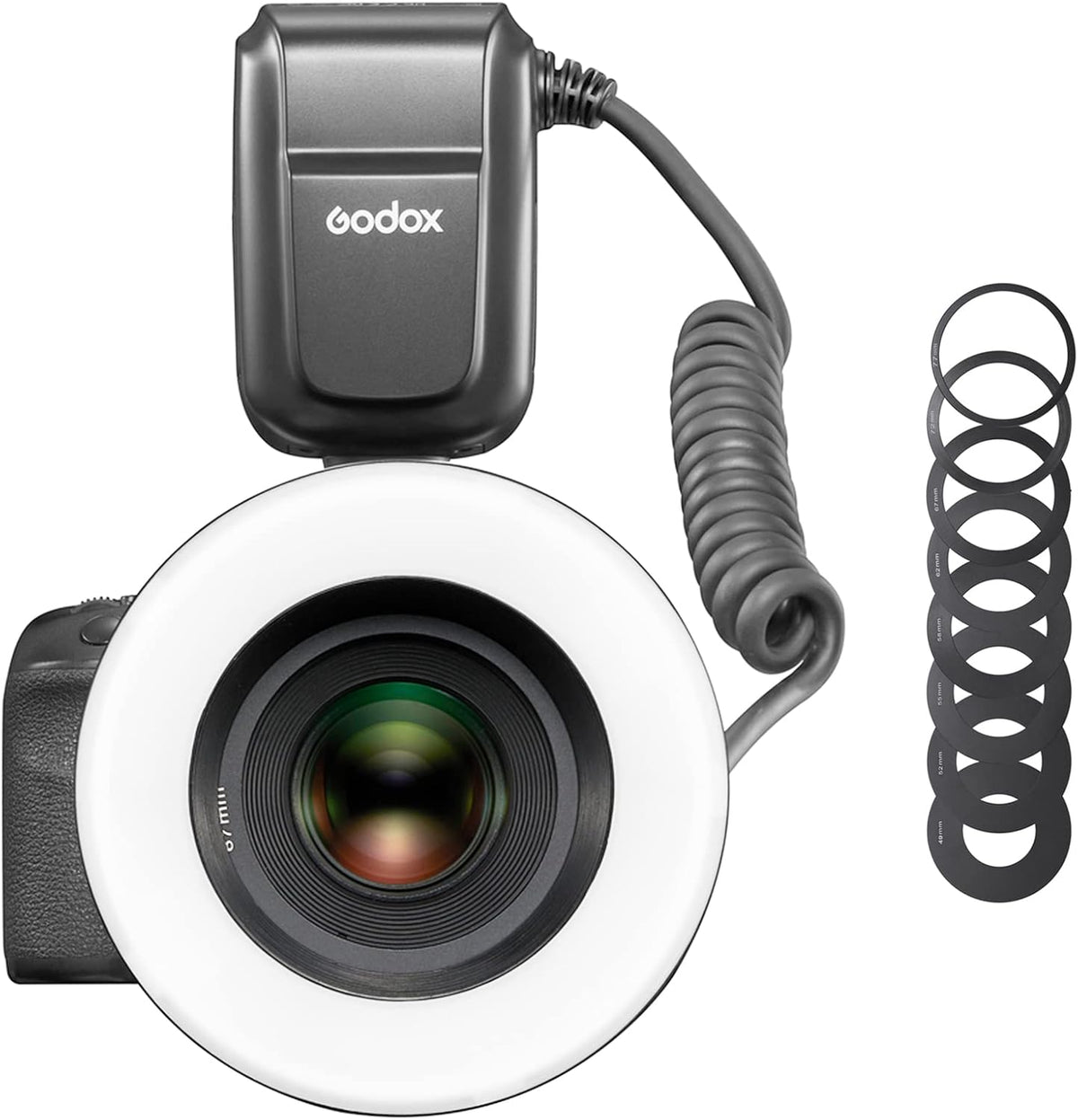 Godox MF R76 - Flash anular macro con 8 anillos adaptadores - Potencia manual ajustable de 1 a 128 hasta salida completa - 10 niveles de relación y zapata de un contacto sin TTL