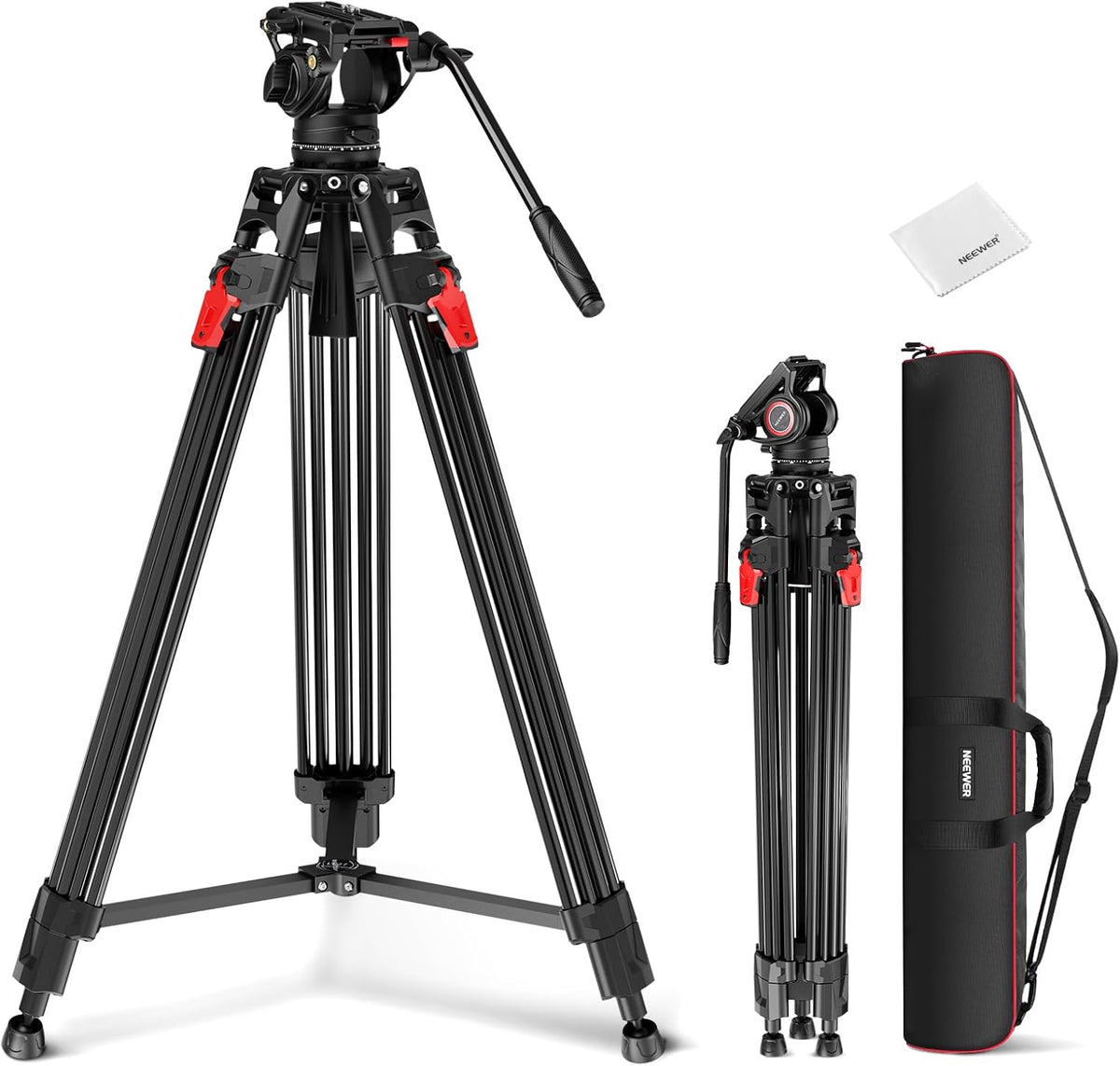 NEEWER trípode de vídeo de 76 pulgadas - Cabezal fluido y placa QR de modo dual - Carga máxima 8 kg y altura mínima 89,4 cm - Soporte portátil para cámara videocámara y telescopio