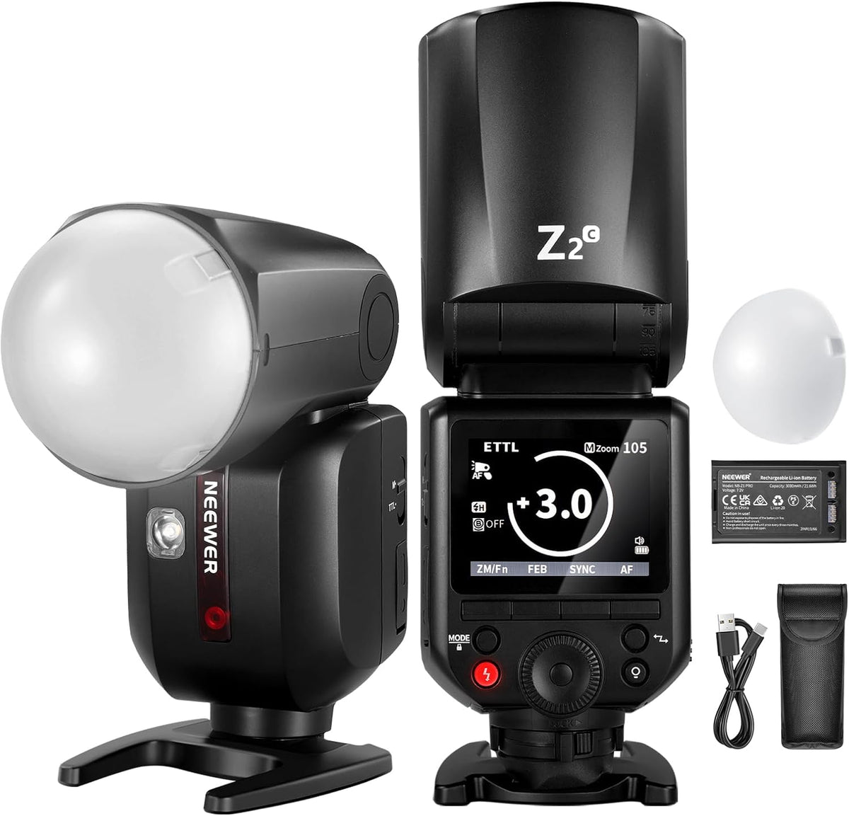 NEEWER Z2 C flash TTL para Canon - Cabeza redonda de 76 Ws y HSS 1 a 8000 s - Batería de 3000 mAh y hasta 600 destellos - Sistema 2,4 GHz con difusor y 2 luces de modelado