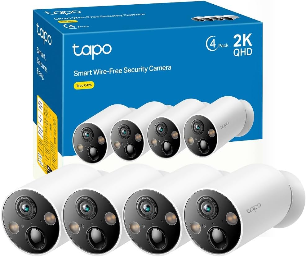 Tapo C425 - Kit de 4 cámaras WiFi 2K QHD para interior y exterior - Batería 10000 mAh con base magnética - IA mejorada visión nocturna en color sin hub y compatible con panel solar