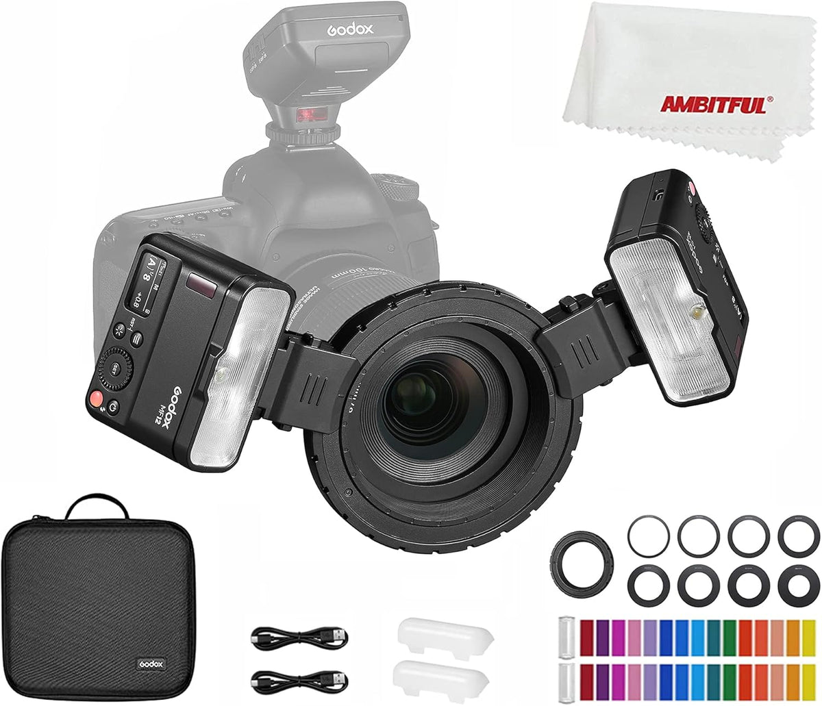 Godox MF12 K2 - Kit de flash macro inalámbrico de 12 W - TTL y manual con sistema 2,4 GHz para varias marcas - Batería integrada y anillo de montaje para primeros planos