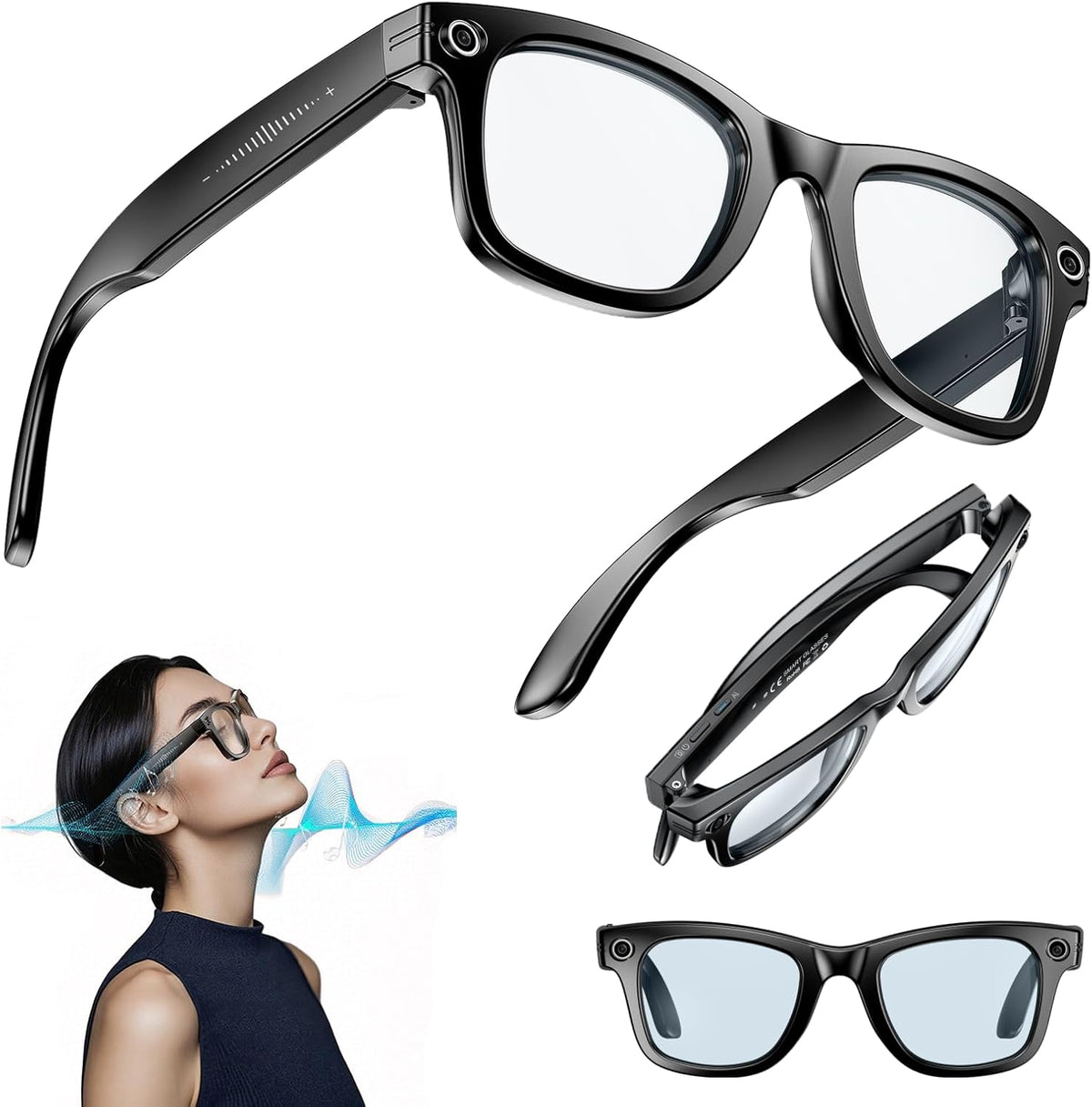 Gafas inteligentes con IA - Cámara de 8 MP y control por voz con 4 GB de almacenamiento - WiFi para fotos vídeos y grabaciones - Bluetooth música llamadas y GPS mediante smartphone