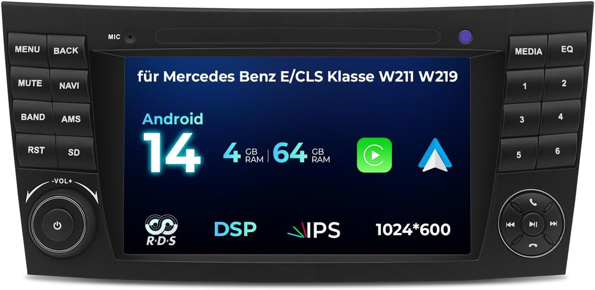Radio Android 14 para Mercedes Benz - Pantalla IPS de 7 pulgadas con 4 GB RAM y 64 GB - CarPlay Android Auto y GPS - Bluetooth WiFi FM AM DSP y audio envolvente