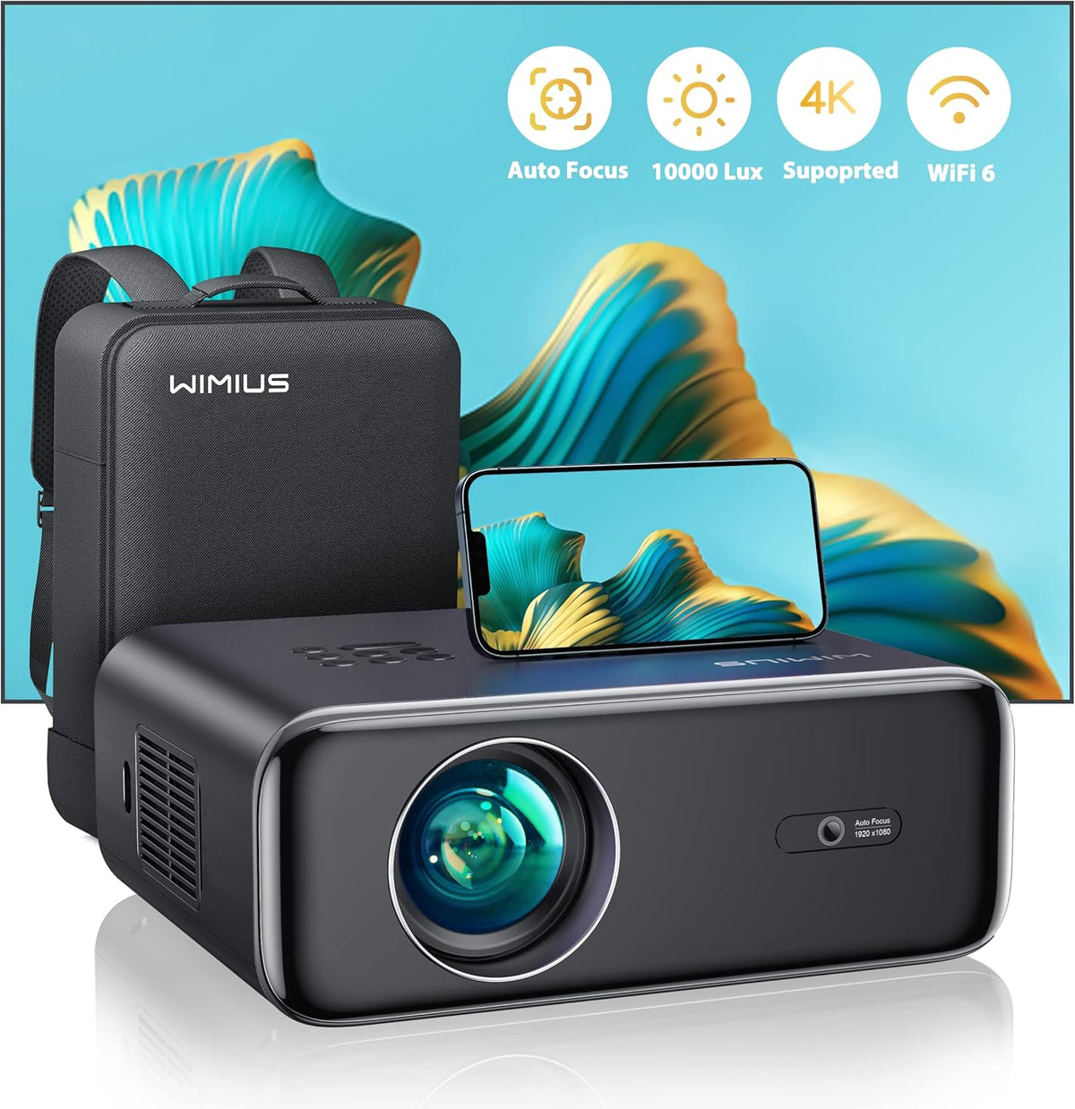 WiMiUS proyector portátil compatible con 4K - Full HD 1080p y 35000 lúmenes - WiFi 6 Bluetooth y zoom al 50 por ciento - Autoenfoque HDMI USB y corrección trapezoidal